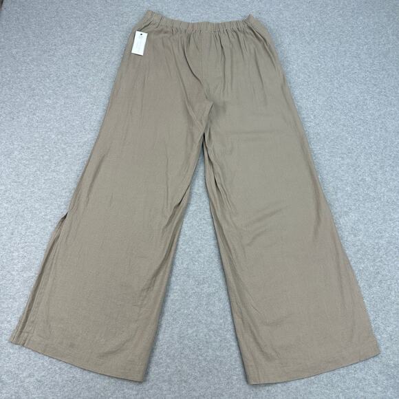 Cable & Gauge Pant Studio Wide Leg WMNS M Tan Linen Blend Elastic Waist Slit Hem - Picture 3 of 14
